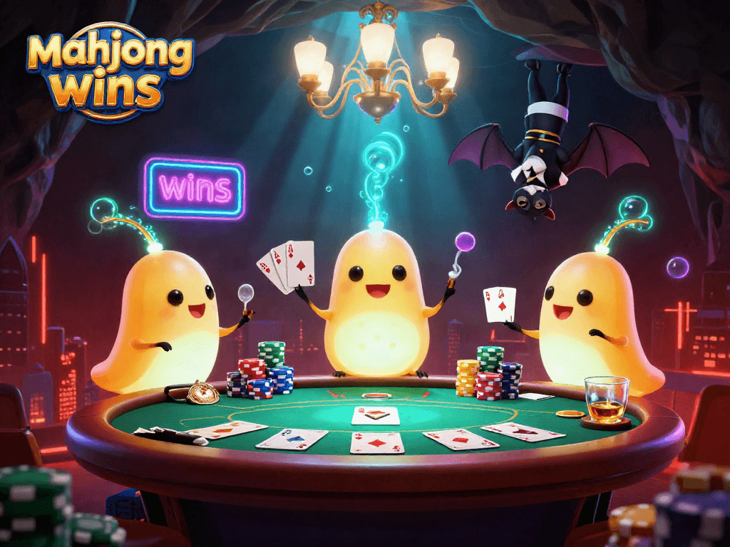 Experience mahjong wins in a vibrant, glowing cave casino with animated glowworms.
