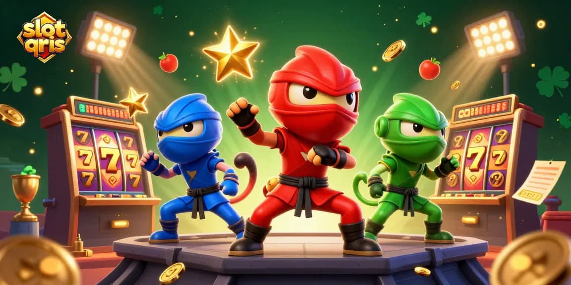 Play thrilling slot qris with vibrant chameleon ninjas and dynamic game elements in a colorful casino scene.