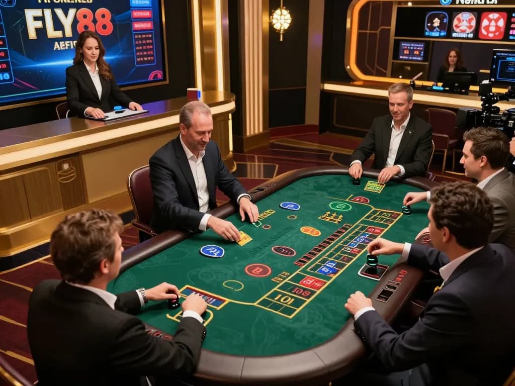 Players enjoying a live baccarat game at Fly88's online casino, highlighting interactive betting and elegant atmosphere.