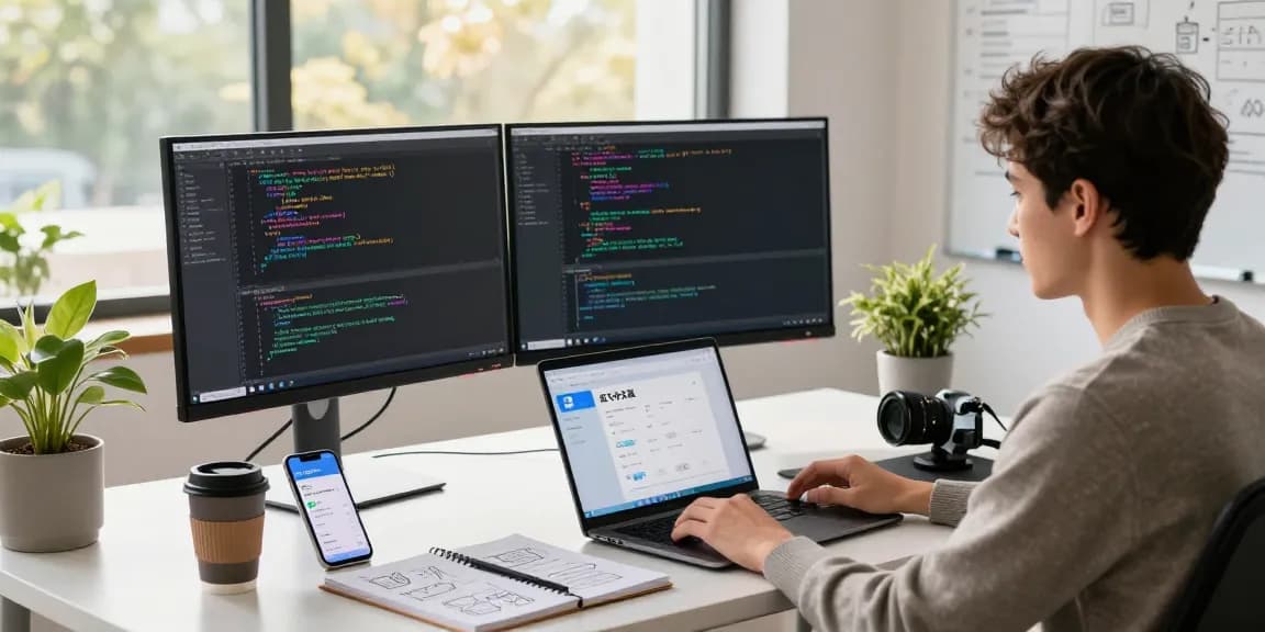 Developer engaging with the 纸飞机中文版 in a vibrant tech workspace, highlighting coding, collaboration, and modern design elements.