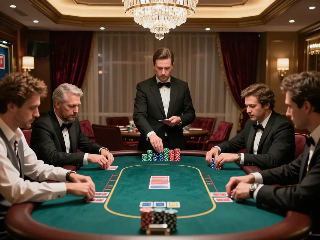 go8 poker players strategizing at an upscale table in a luxurious casino