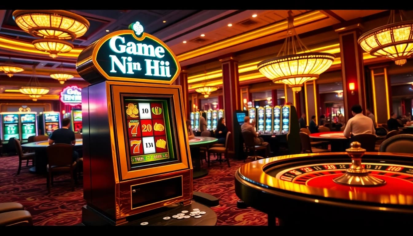 Engaging players spin the slot machine in a luxurious casino featuring game nổ hũ.