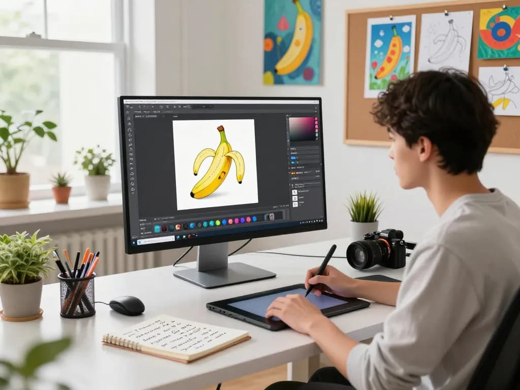 Creating AI art with nano banana pro in a vibrant digital studio.