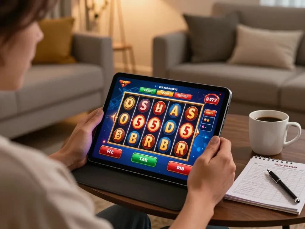 Experience LC88 online slots gameplay with vibrant visuals and strategic notes on table.