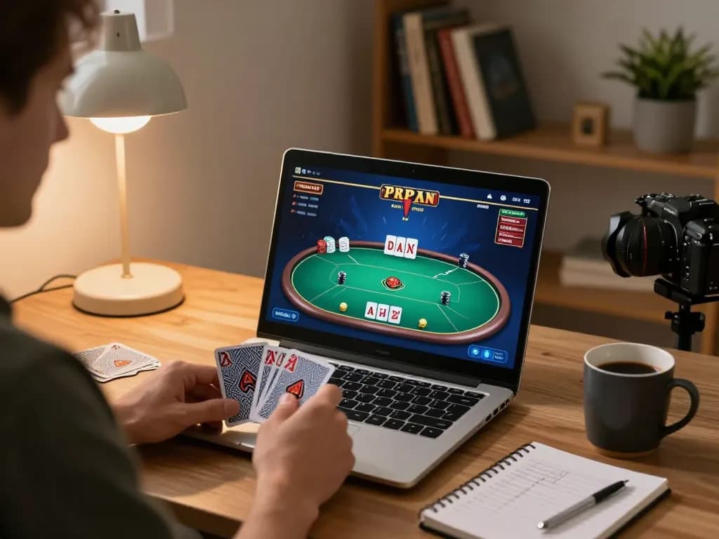 The hidden wiki reference while engaging in online poker gaming, showcasing a player excitedly using a laptop at home