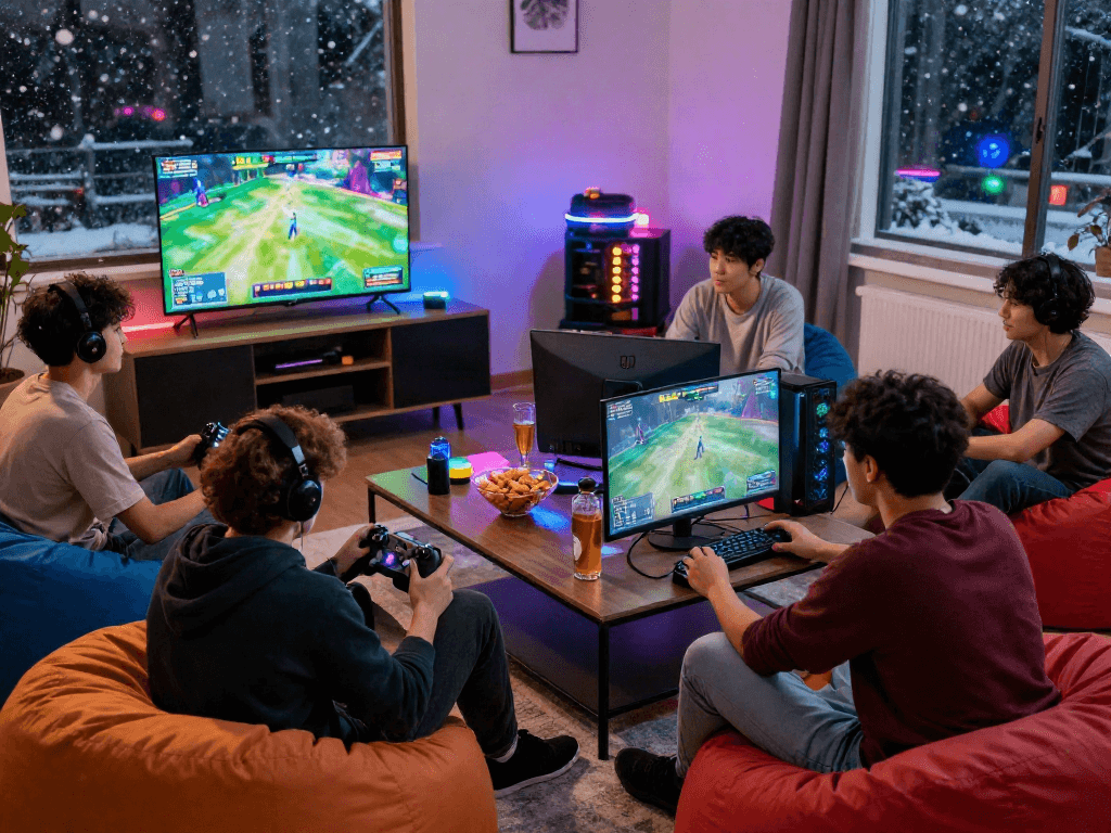 Friends enjoying a gaming night with link alternatif bro138 displayed on screens and vibrant LED lighting.