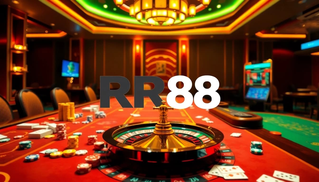 Engaging casino scene highlighting RR88 branding, featuring vibrant gambling elements.