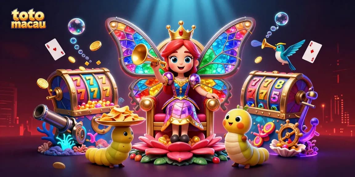 Engage with the exciting world of toto macau slots featuring a dazzling butterfly queen amidst rich casino elements.