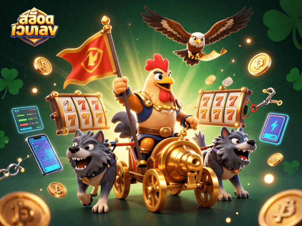 Engage with สล็อตเว็บตรง in an immersive 3D casino scene filled with slot reels and crypto elements.