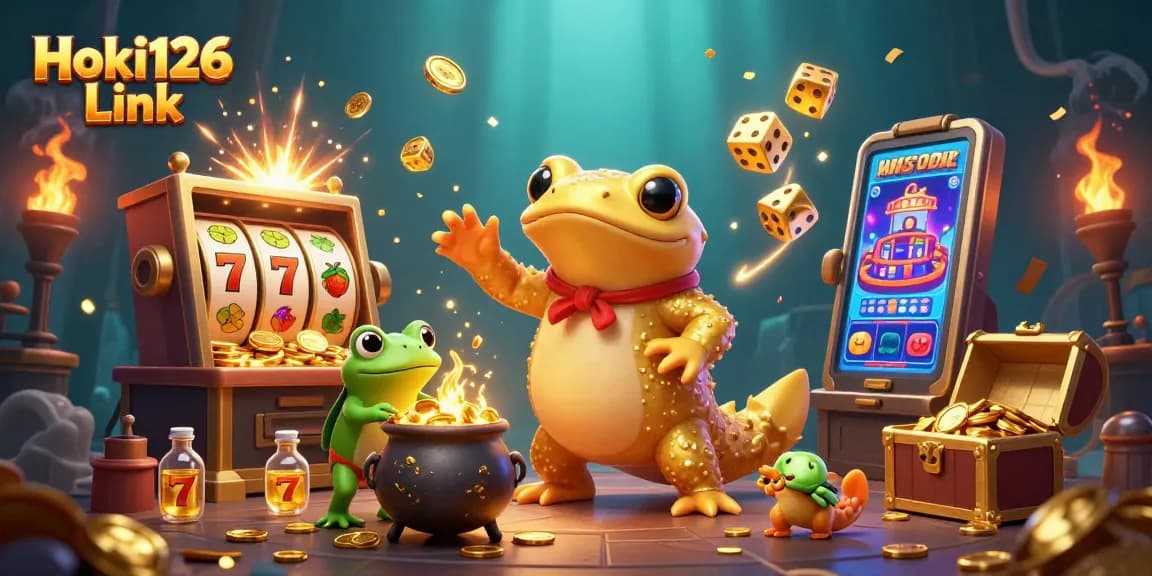 Experience the thrill of Hoki126 Link with a vibrant 3D casino scene featuring golden jackpot rewards and cartoon characters.