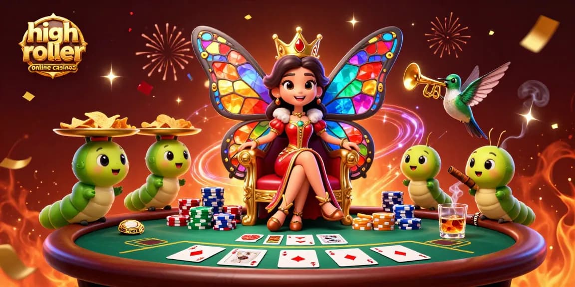 Engage with high roller online casinos featuring a butterfly queen and poker elements.