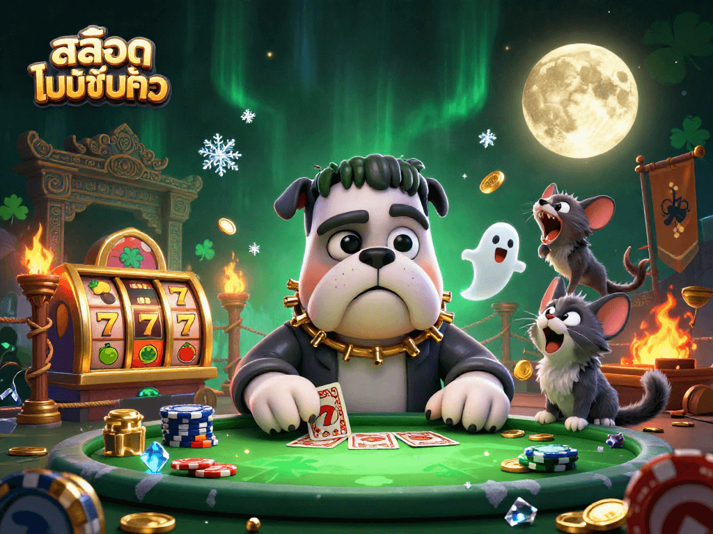 Engage in สล็อตไม่มีขั้นต่ำ with a lively scene of a Frankenstein bulldog, ghost mouse, and werewolf kitten in a vibrant casino.