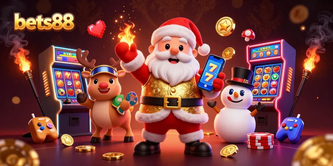 Engage with bets88's vibrant atmosphere where Santa and friends ace mobile jackpots in a dazzling casino scene.