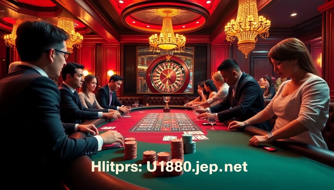 Players engaging at a vibrant poker table, as seen on https://uu888.jp.net/, in a luxurious casino atmosphere.