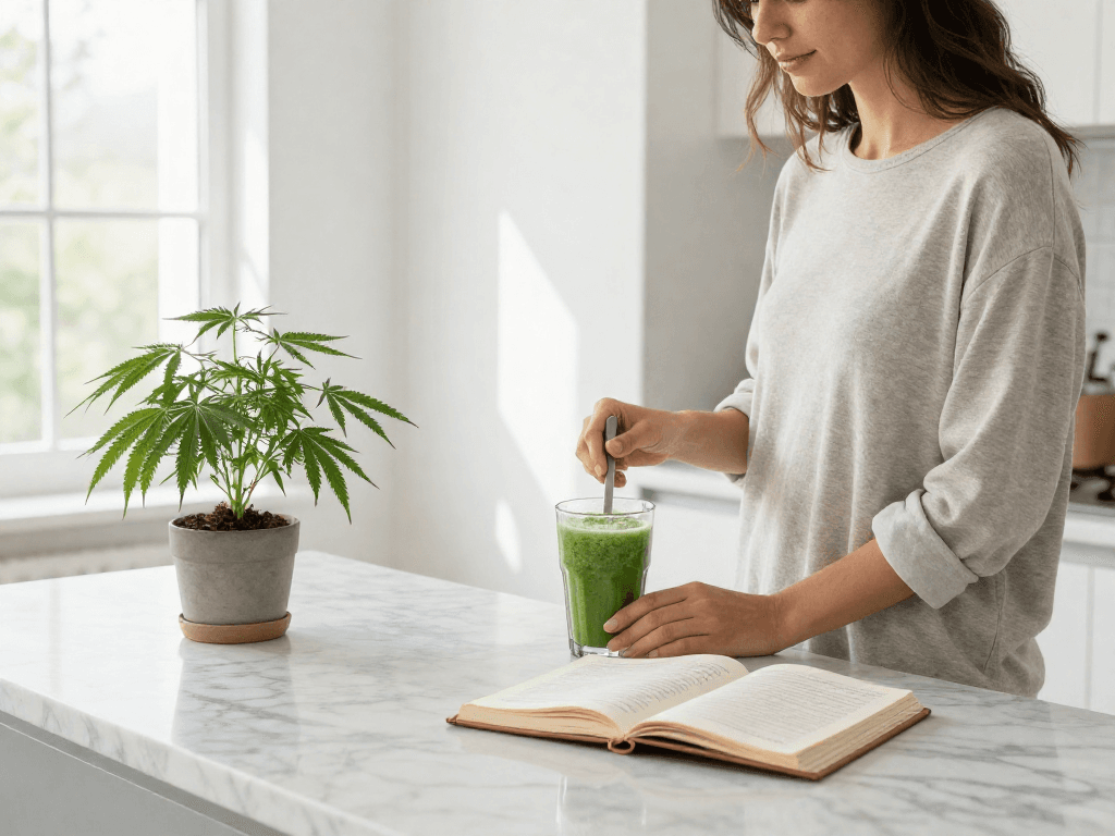 cbd paris - routine de bien-être avec huile de CBD, plante de chanvre et journal de santé dans une cuisine lumineuse
