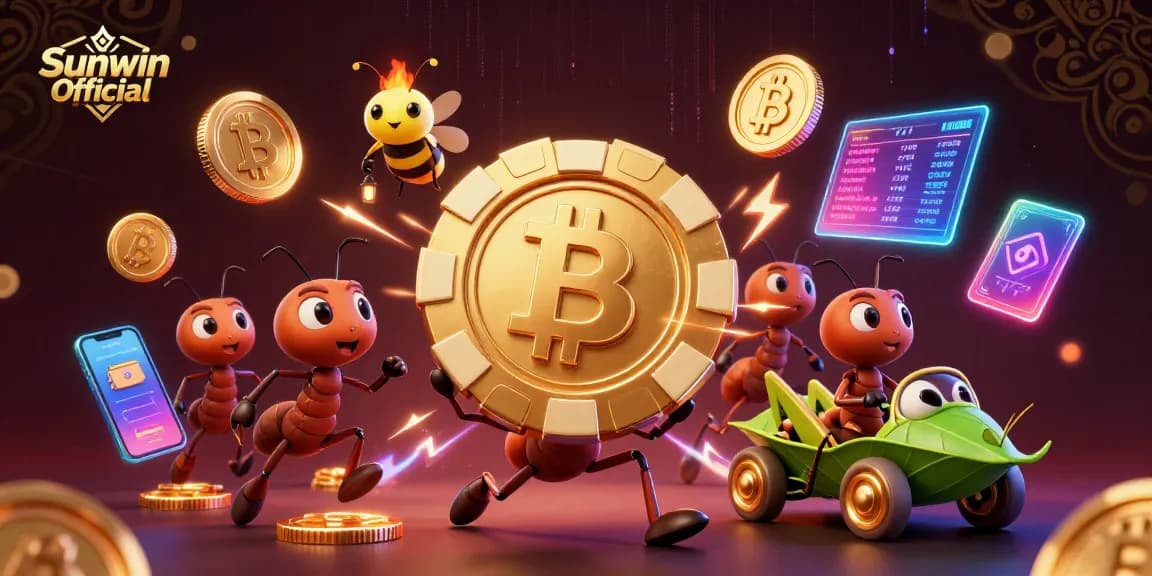 Capture the excitement of gambling with Sunwin Official as ants cart a giant poker chip through a vibrant tunnel.