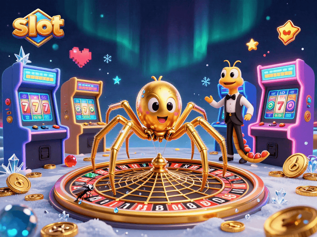 Engage with thrilling slot gameplay as a fly nervously places bets beside a golden spider croupier.