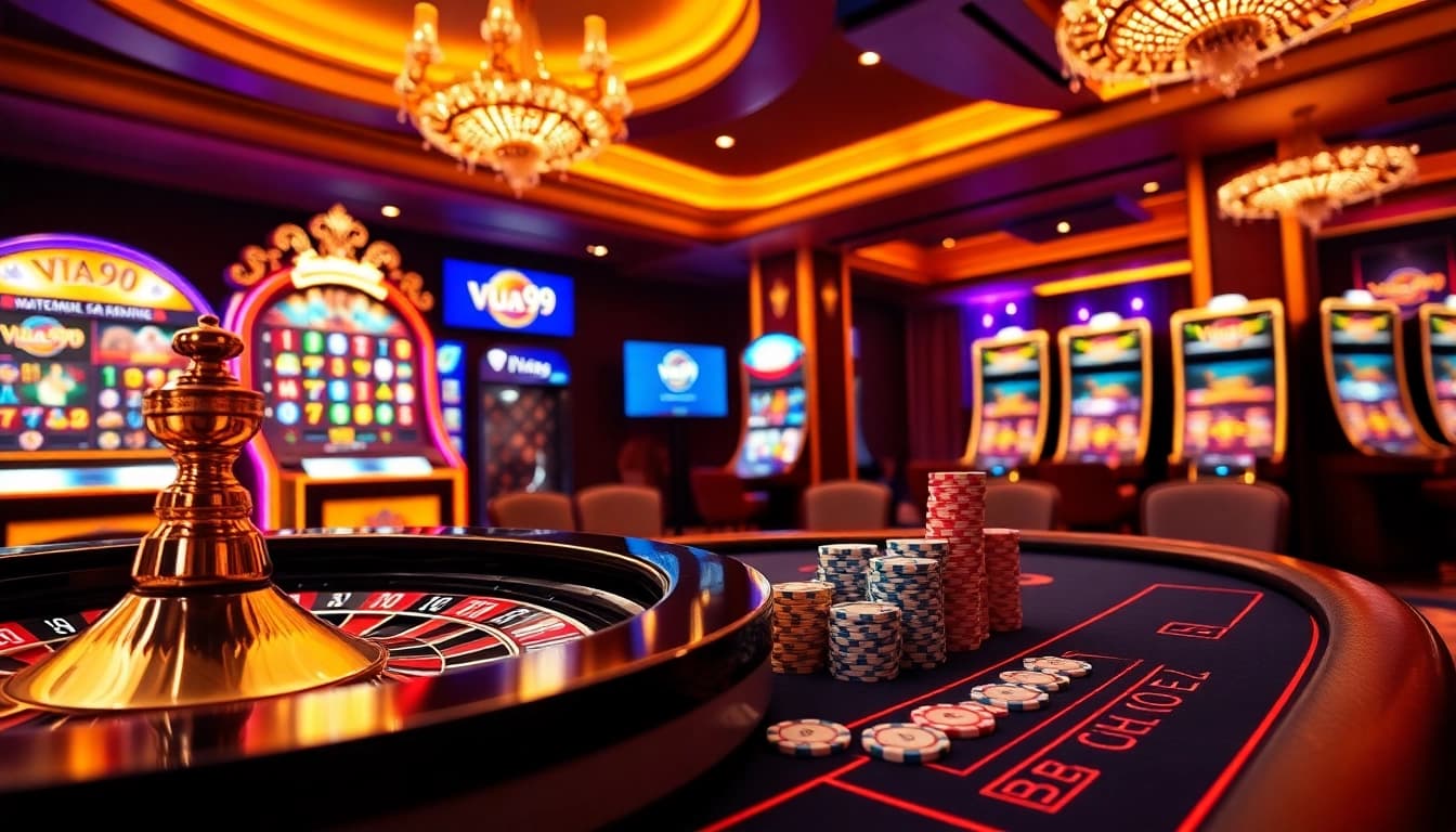 Experience thrilling gaming with Vua99 at a luxurious online casino interface showcasing a roulette wheel and slot machines.