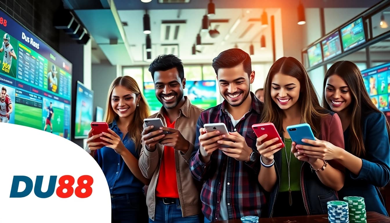 Experience the excitement of online betting with the DU88 app, showcasing happy players and vibrant sports visuals.