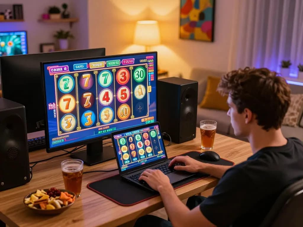 Player engaging with 7hh online slots on laptop, capturing the vibrant excitement of gaming