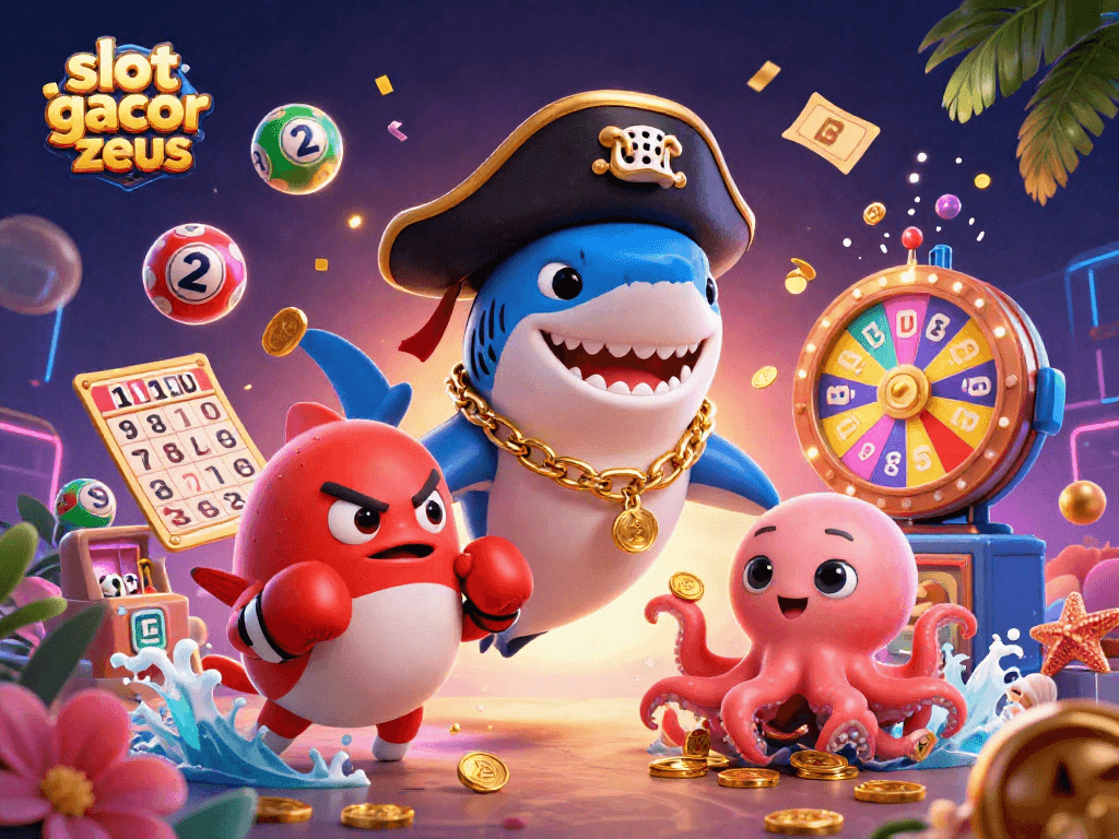 Spin the reels with slot gacor zeus, featuring 3D casino characters amidst colorful lottery chaos and sparkling prizes.