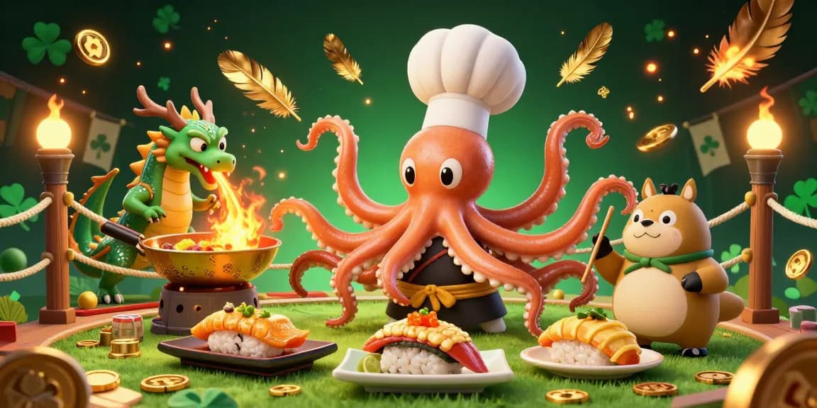 Bet on judi bola with excitement while the octopus chef serves golden dishes in this vibrant scene.