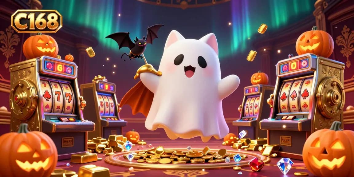 C168 casino experience with a ghost cat and bat, surrounded by vibrant slot games and glowing treasures.