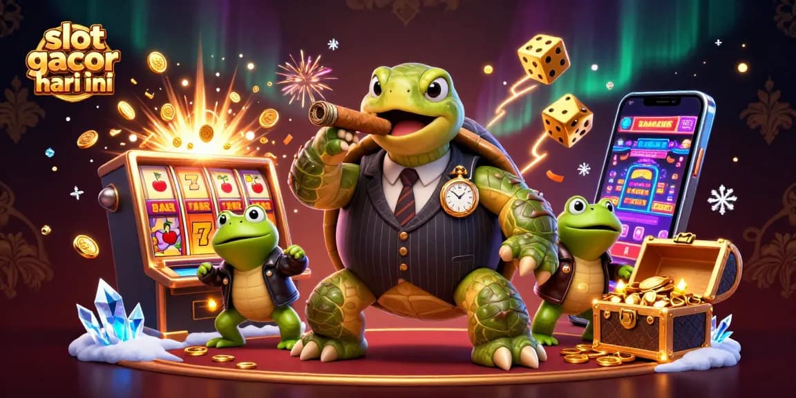 Engage with slot gacor hari ini through a vibrant 3D scene of a turtle mobster and frog enforcers amid casino excitement.