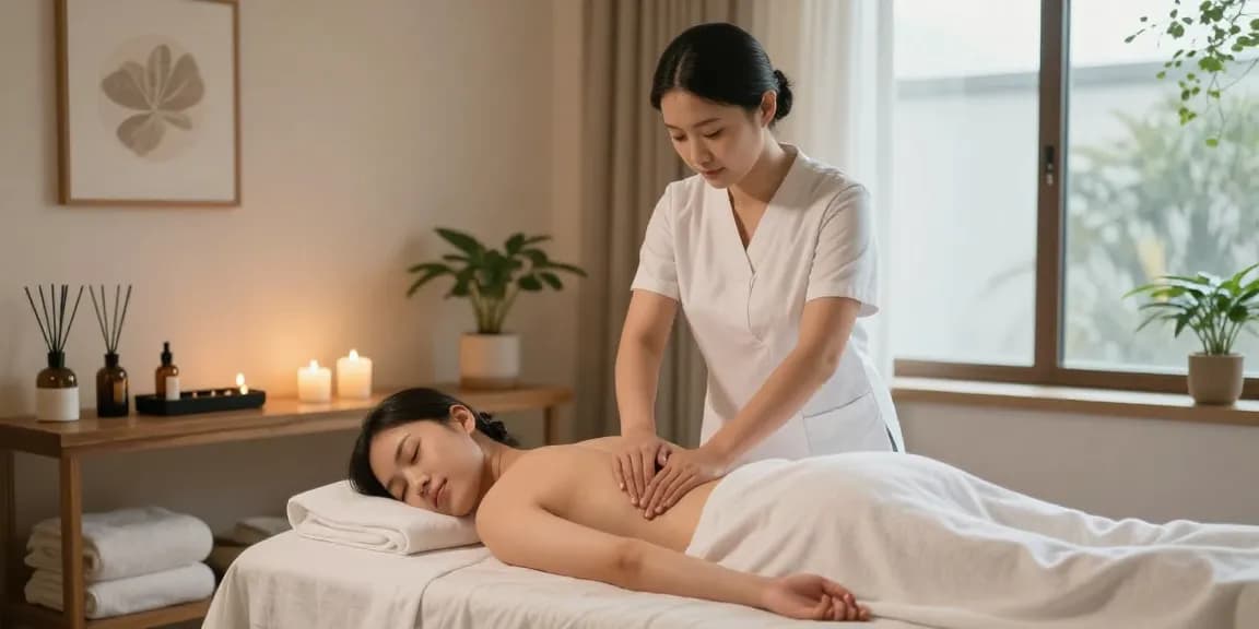 Relaxing 창원마사지 spa scene with a masseuse soothing a client in a serene environment.