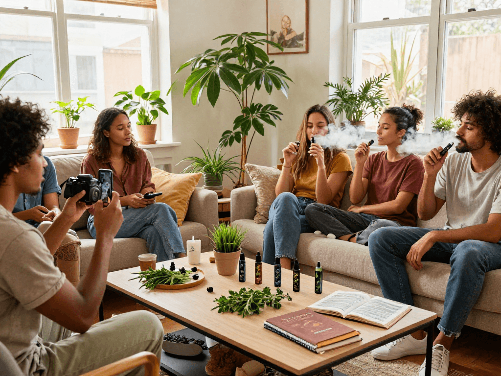 The 10/10 boys vape being enjoyed in a cozy apartment setting with friends, showcasing natural wellness products and a relaxed atmosphere.