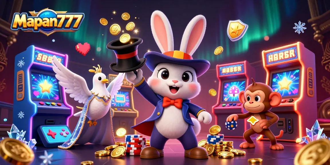 Engage with Mapan777's vibrant casino magic, featuring a rabbit pulling coins and expressions of fun.