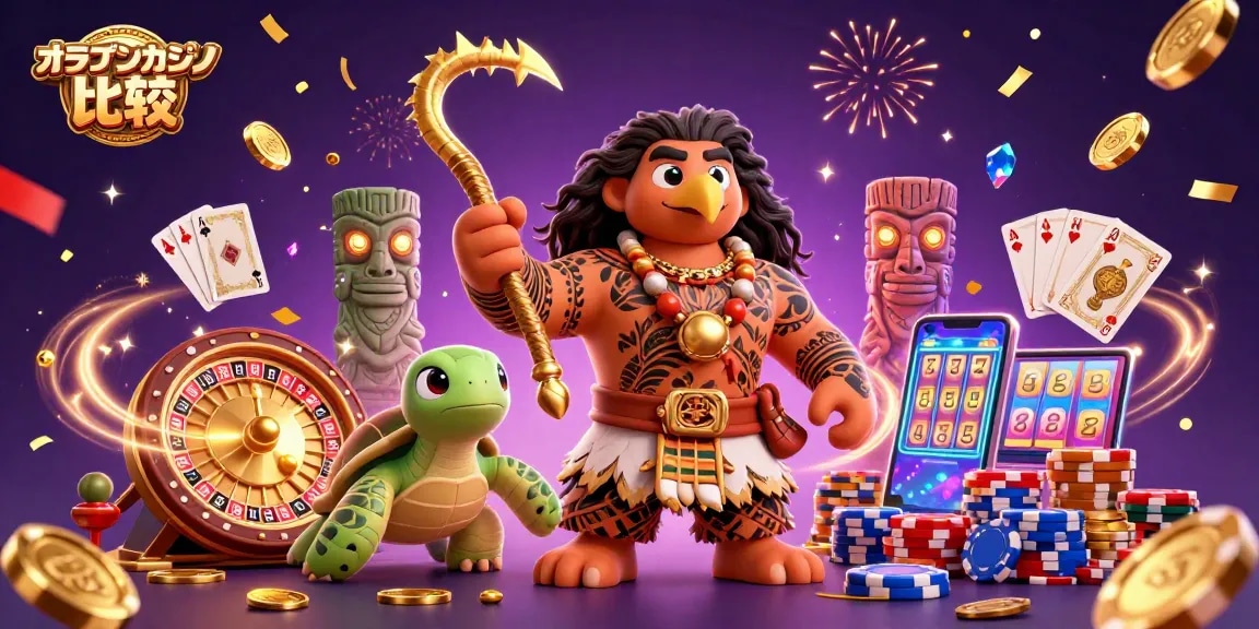 オンラインカジノ 比較のビジュアル効果満載のイラストで、カジノのセレブレーション体験を感じるデザイン