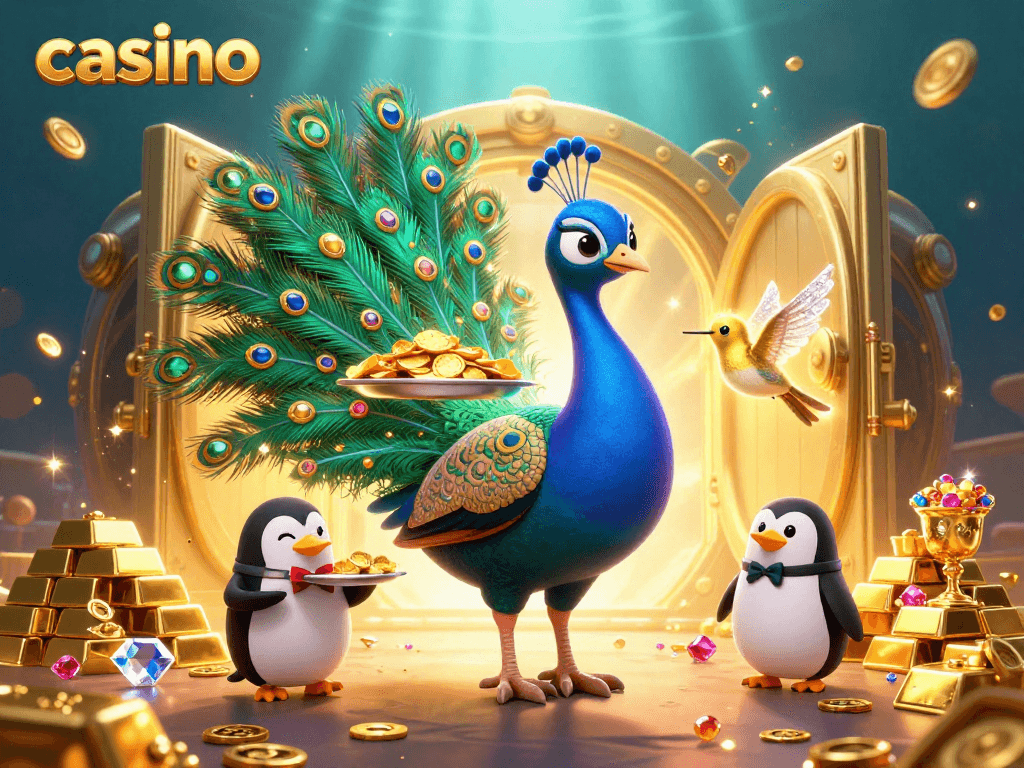 Engage with the casino world through a vibrant 3D scene featuring a colorful peacock and gleaming treasures.