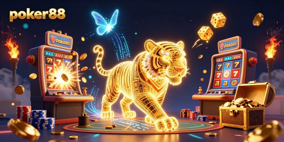 Experience poker88’s vibrant casino atmosphere with a golden tiger and dynamic gaming symbols.