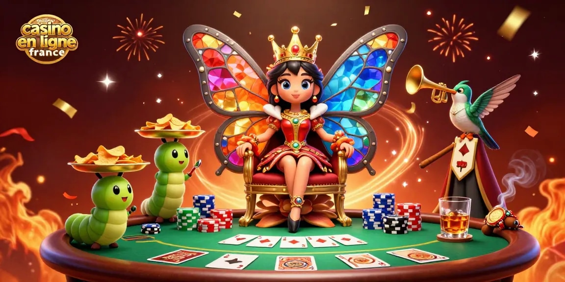 Visuel dynamique illustrant le meilleur casino en ligne France avec une reine papillon et des éléments de jeu captivants.