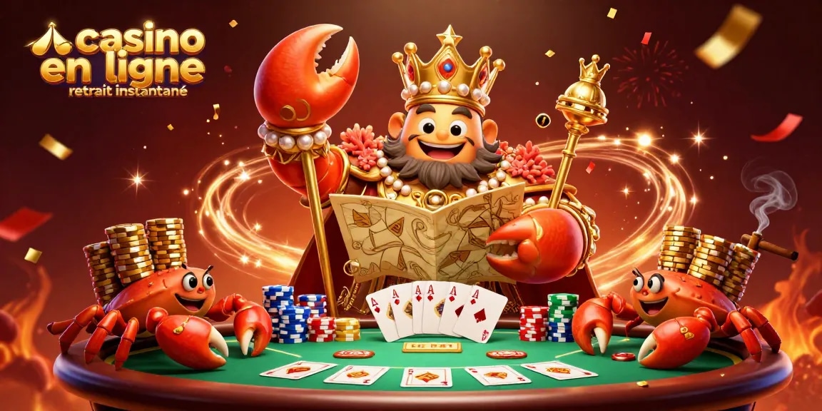 Action au casino en ligne retrait instantané avec un crabe en or et des jetons.