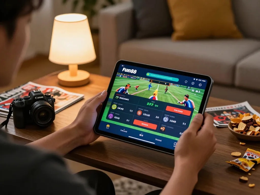 Engaging with fun88 mobile app for live sports betting in a cozy home setting.
