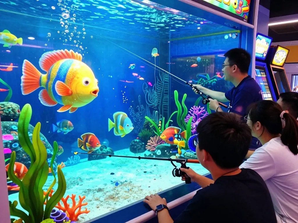 Bắn cá hubet88 online game scene featuring players aiming at colorful animated fish in a vibrant underwater environment.