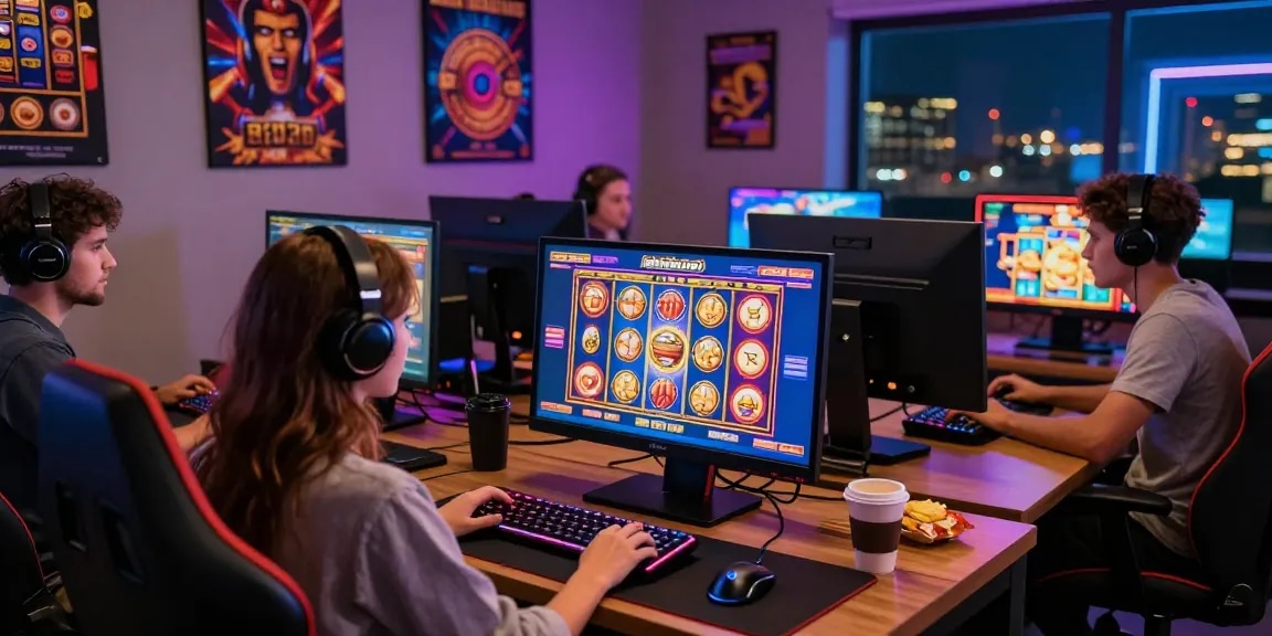 Excited player engaging with online slot games on a laptop, showcasing a vibrant gaming setup.