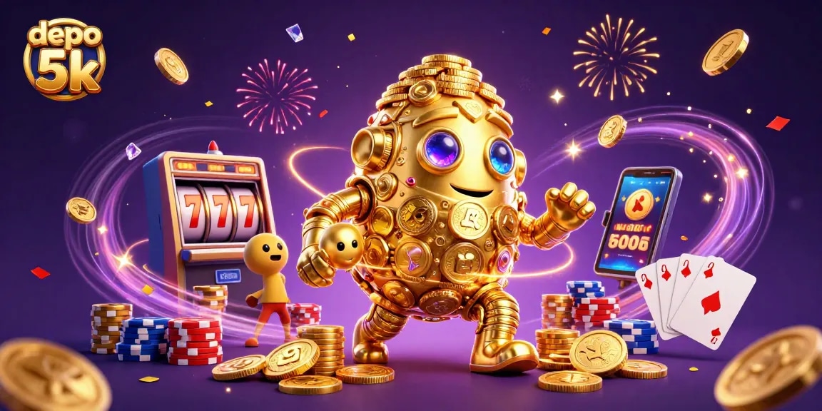 Experience the thrill of winning at depo 5k with vibrant slots, gold coins, and jackpots in this dynamic scene.