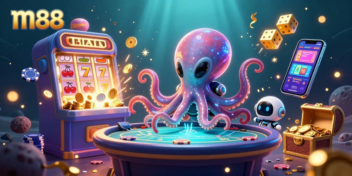 m88 gambling octopus plays poker and launches casino fun with robots and explosive visuals