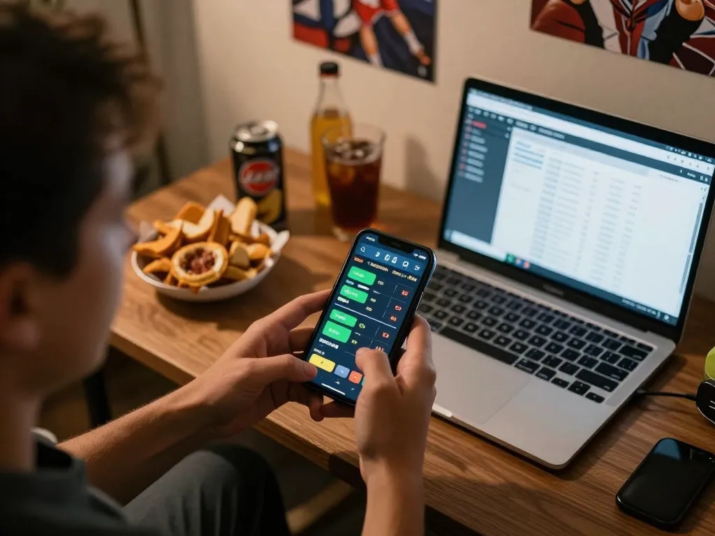 Person actively engaging in sports betting on smartphone, showcasing keo nha cai odds in lively home setting.
