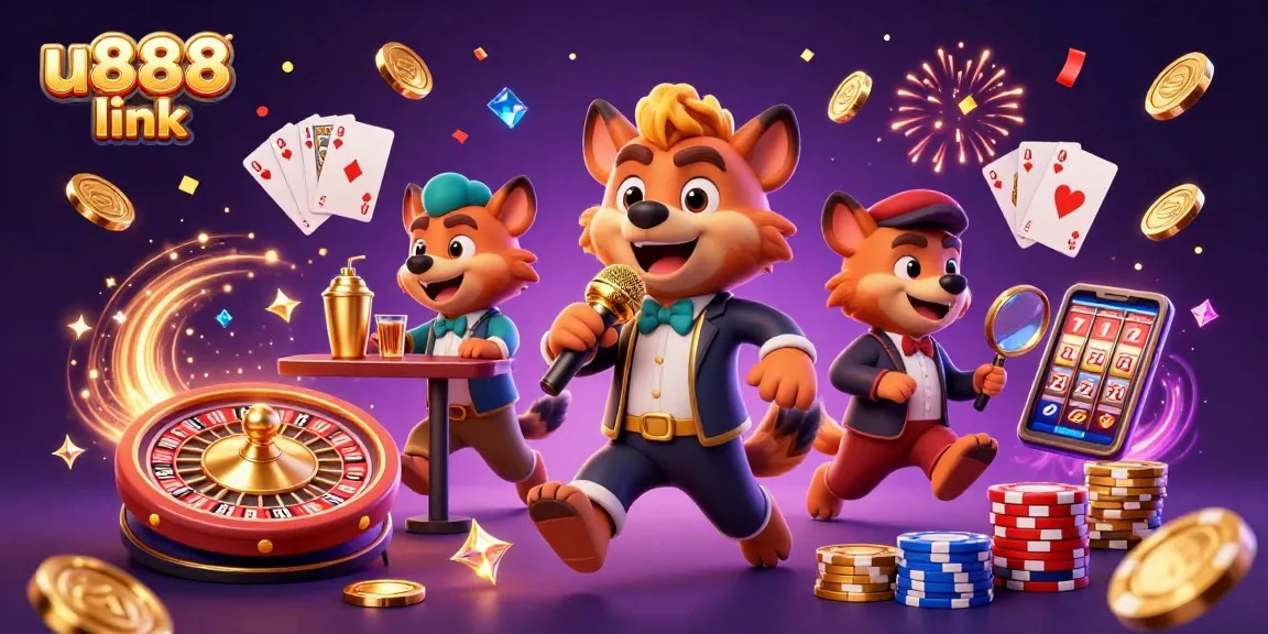 Win big at u888 link with this vibrant 3D casino scene featuring hyenas and exciting game elements!