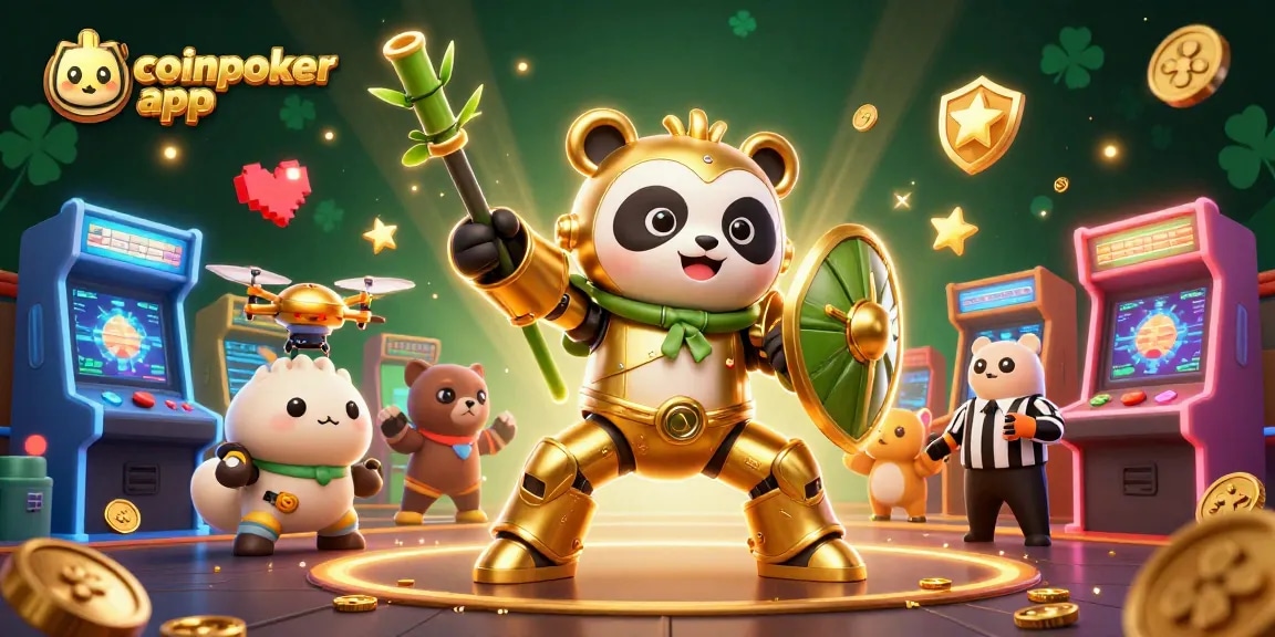 Giocare all'app CoinPoker in un'arena animata con un panda e robot, esplorando il poker criptato.