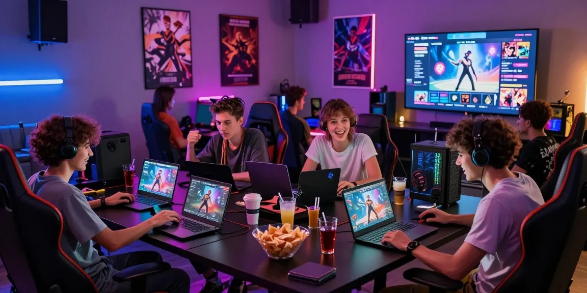 Friends enjoying a sex game night in a vibrant gaming lounge.