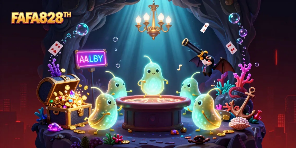 Engage with FAFA828TH in a vibrant cave casino illuminated by glowworms and unique gaming elements.