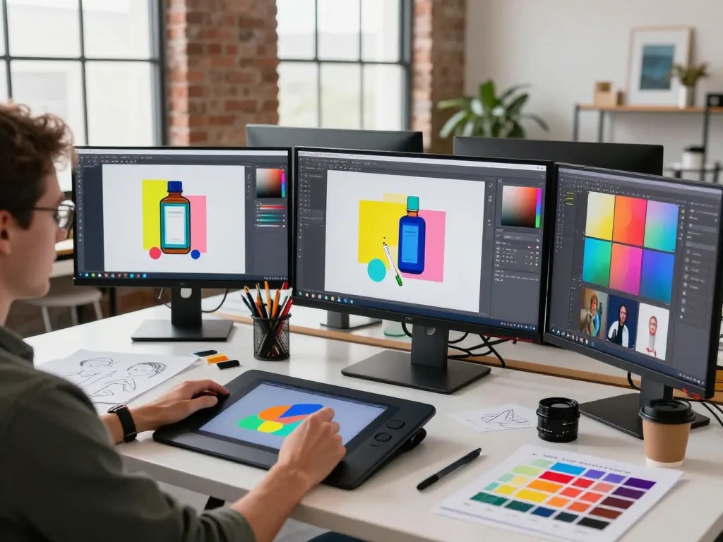 Creative professional using nano banana 2 AI image editor in a vibrant digital art studio.