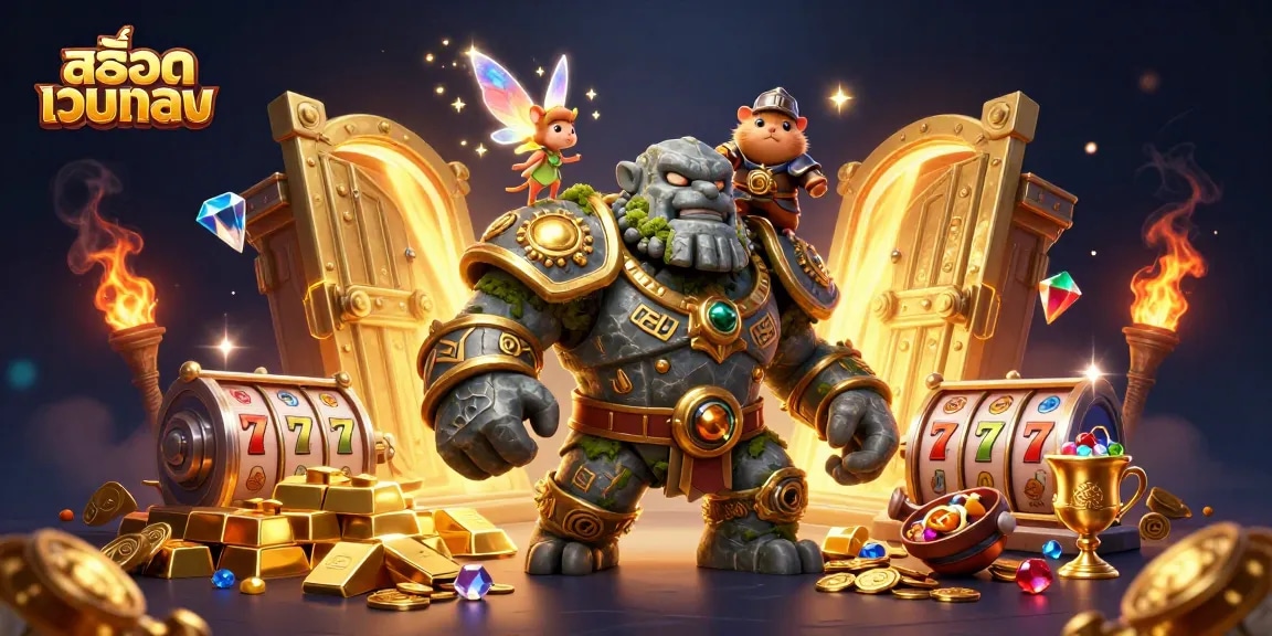 Experience สล็อตเว็บตรง thrill with a stunning 3D scene of a stone golem and magical elements in a casino