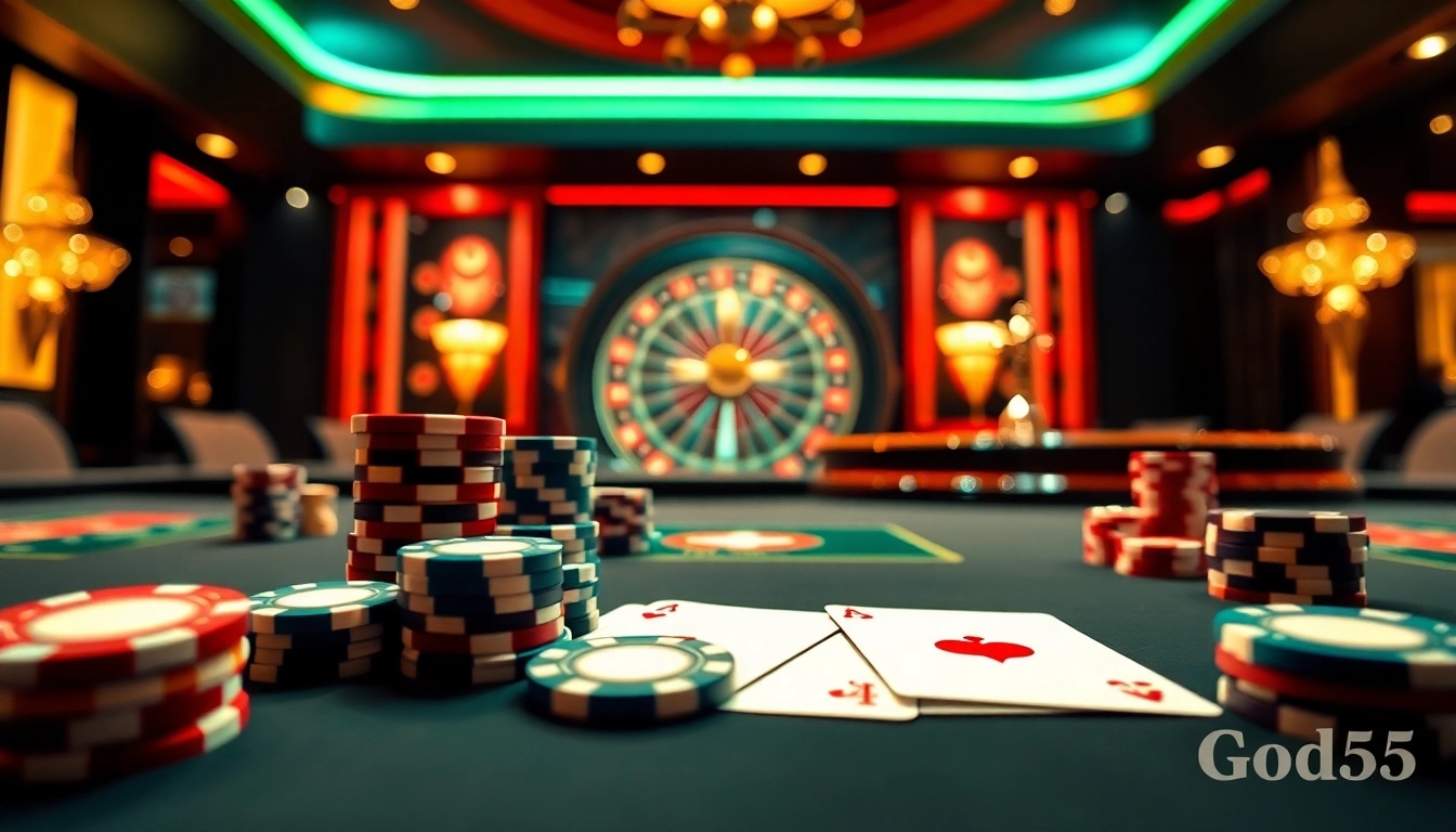 Betting at God55's professional casino table featuring luxurious poker chips and cards.