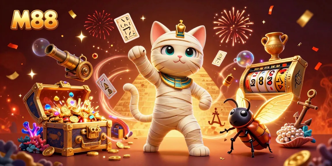 Experience thrilling gaming with M88's vibrant casino illustrations and engaging characters.